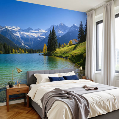 Peel and Stick Wallpaper 144" W x 100" H Modern Self Adhesive Wall Mural for Bedroom Scenic Alpine Lake Crystal Clear Water Majestic Mountain Views