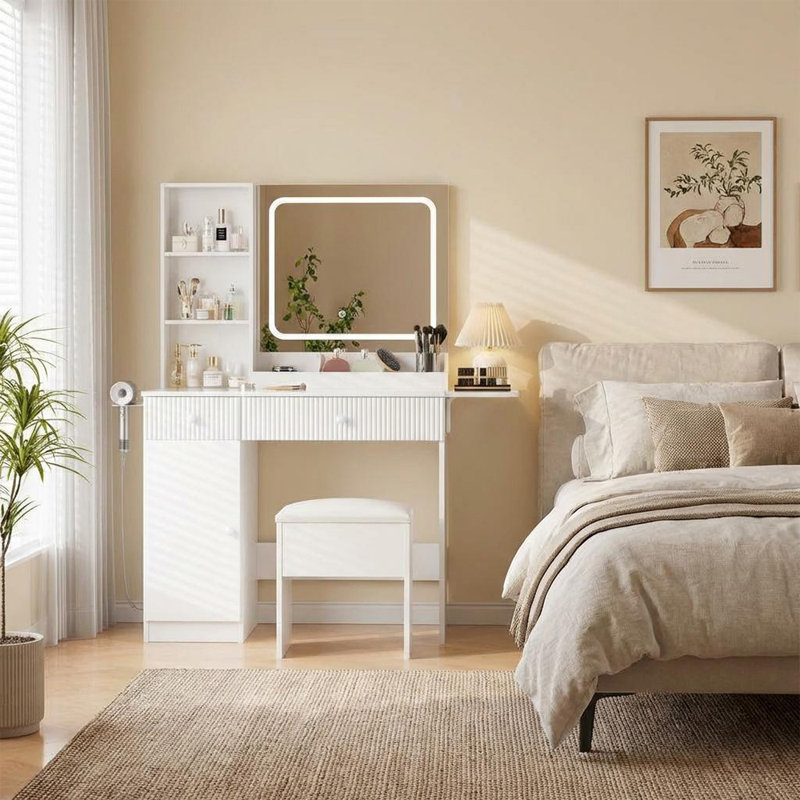 Vanity Desk with Mirror and Lights and Charging Station, Compact Makeup Vanity Set with Storage Chair for Bedroom, White