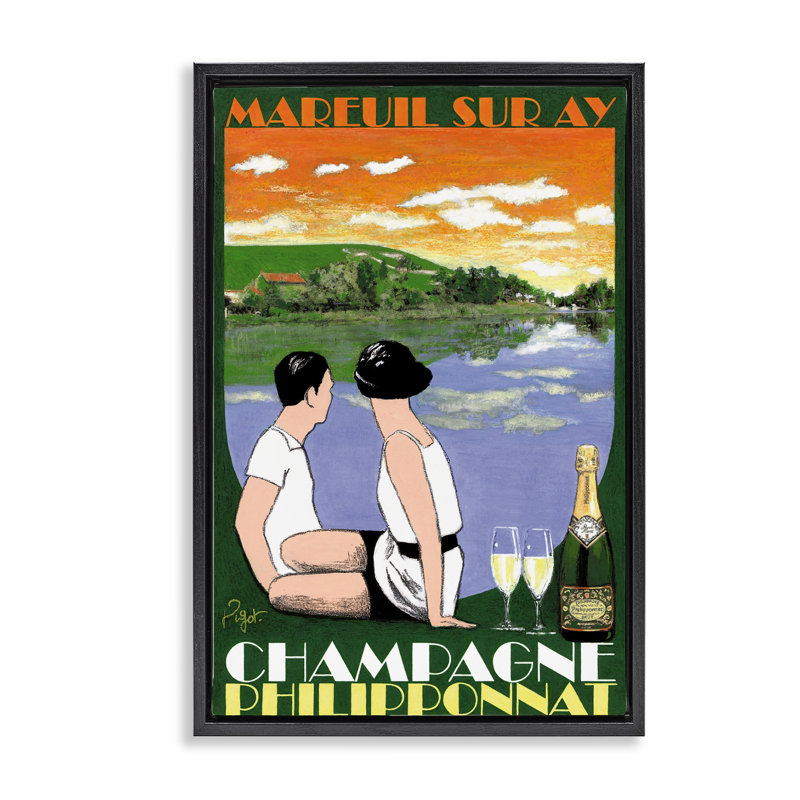 «Vintage Champagne with View», art par Jean-Pierre Got, H 25 po x l 17 po, Cadre flottant noir de jais