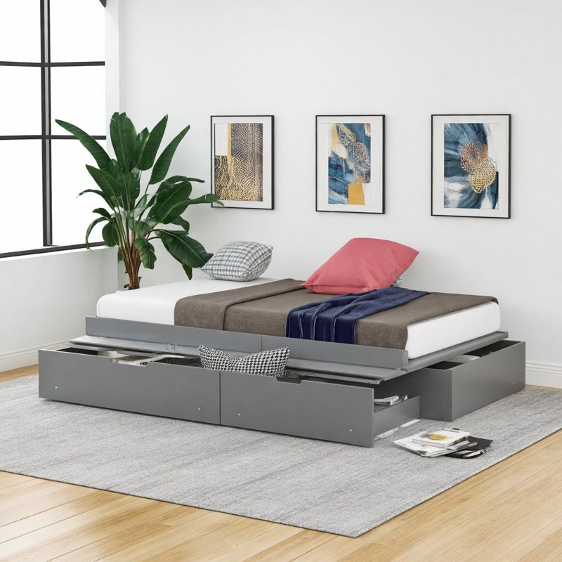 Lit plateforme simple avec deux tiroirs, gris, Gris