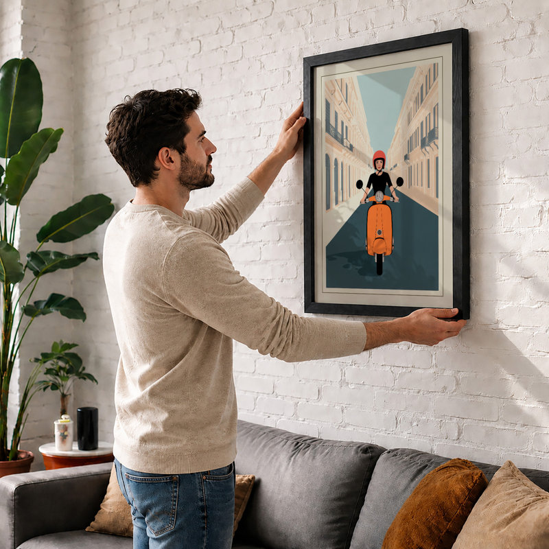 Vespa in the City Retro - Framed Print, A4 - 29.7 x 21.0 cm, White