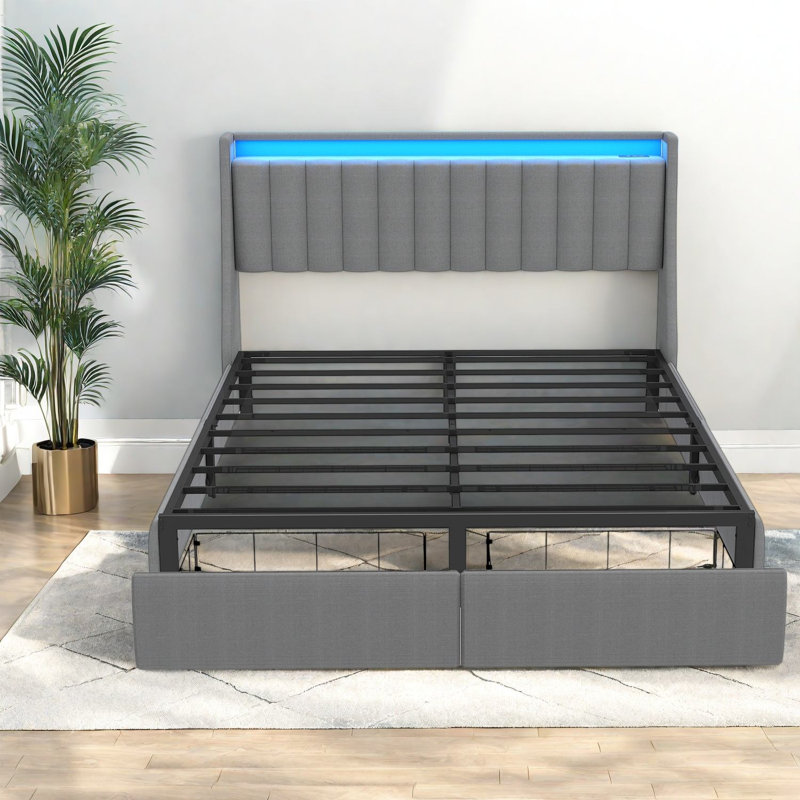 Lit coffre, cadre en métal gris Queen avec éclairage DEL intégré pour une maison moderne