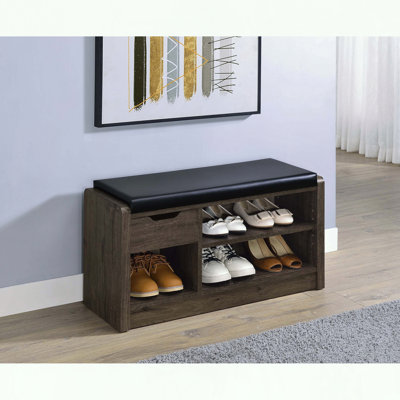 Banc de rangement en chêne fumé avec coussin et tiroir en similicuir