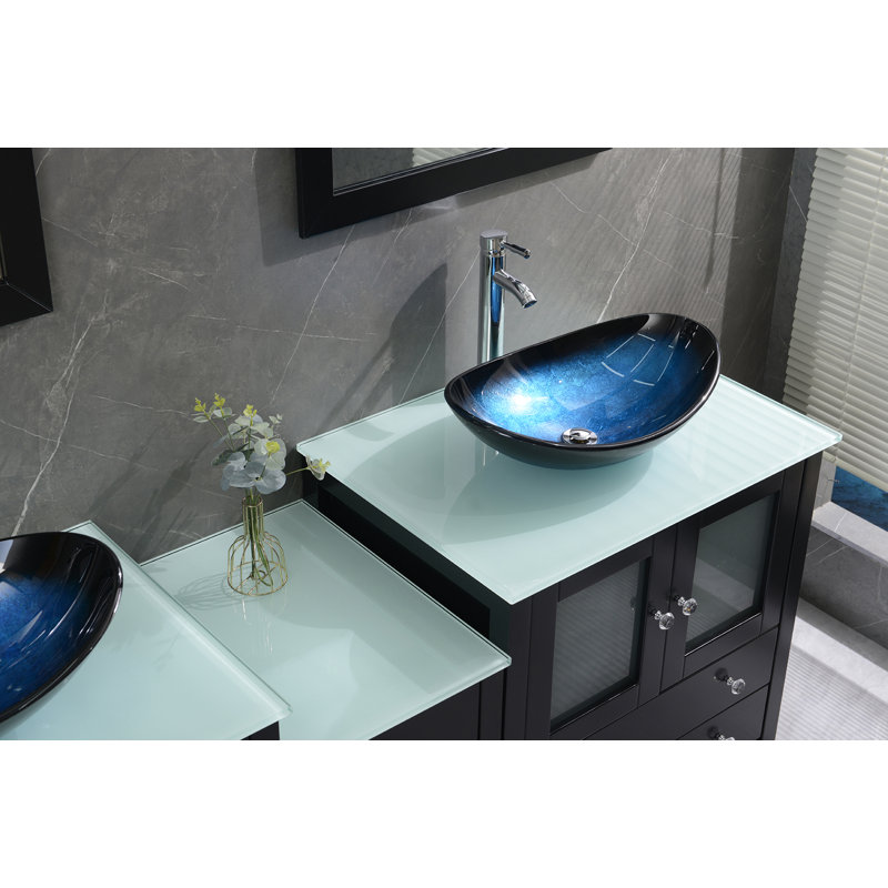 Meuble-lavabo double autoportant 74,5 po avec plateau en verre trempé, Noir
