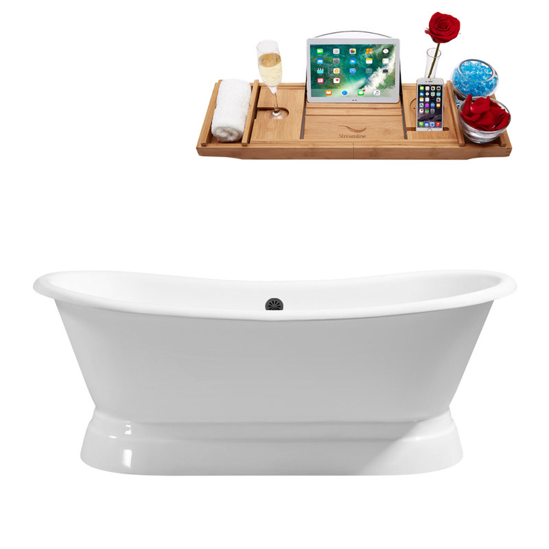 Baignoire de trempage autoportante 71 po avec plateau en bambou Streamline, Noir mat