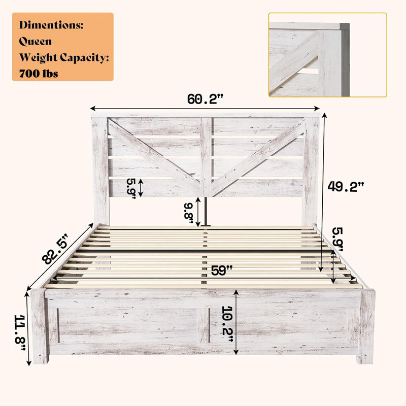  Tryston Farmhouse Queen Bed Frame with 49.2" Barn Door Headboard, White, Queen, White