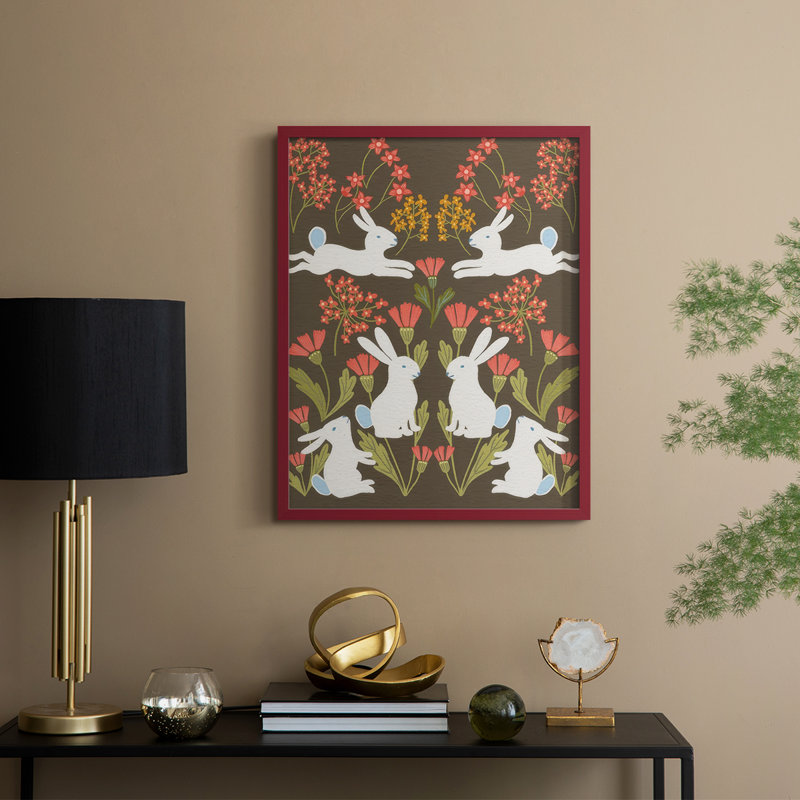 «Folk Flower and Rabbit II», reproduction encadrée - bois massif, H 30 po x l 24 po, Rouge