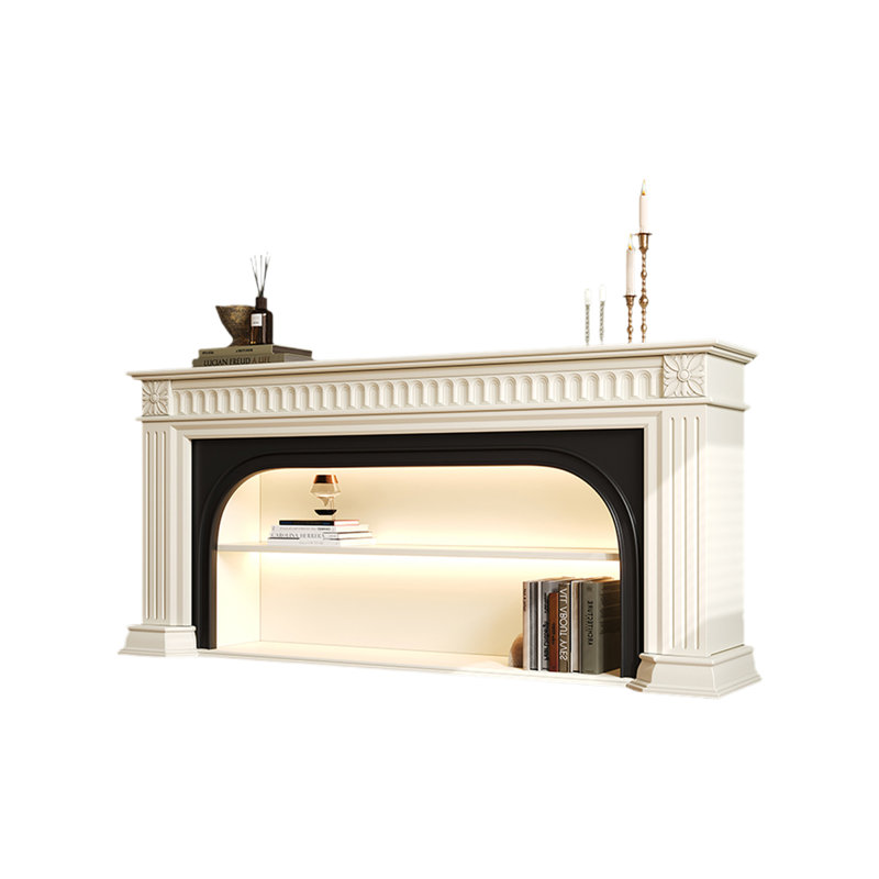 Beige + Black Solid Wood TV Cabinet Fireplace, 29.53" H x 78.74" W x 13.78" D