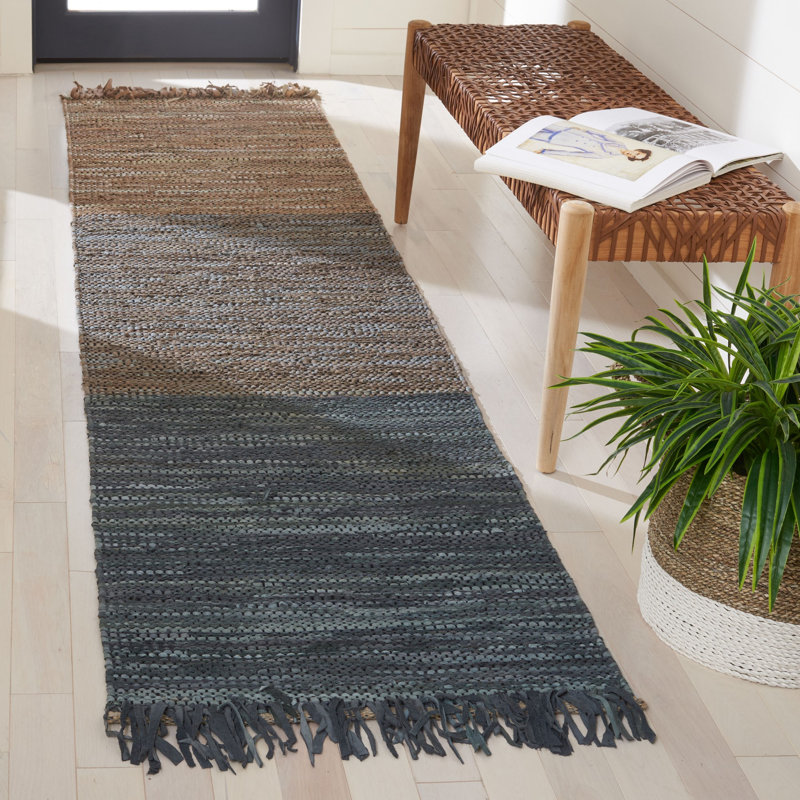 Grund Hand Woven Leather/Cotton/Jute Rug in Blue/Gray, Runner 2'3" x 9'