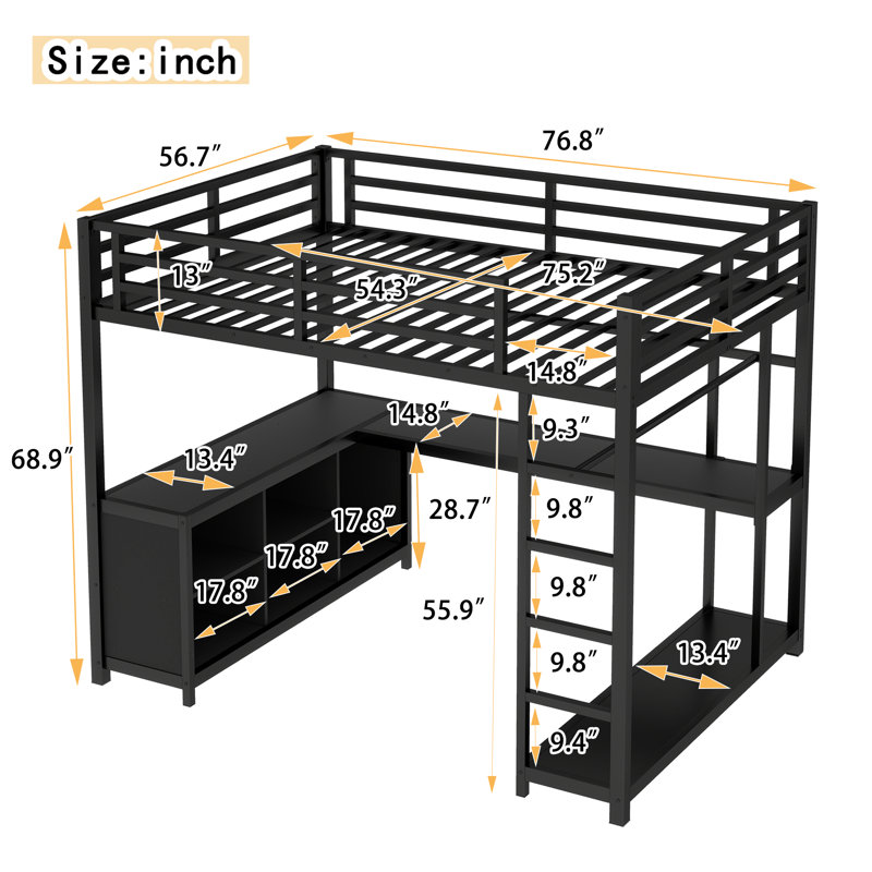 Lit mezzanine double en métal avec garde-robe et bureau en L, cubes de rangement et tablettes, noir