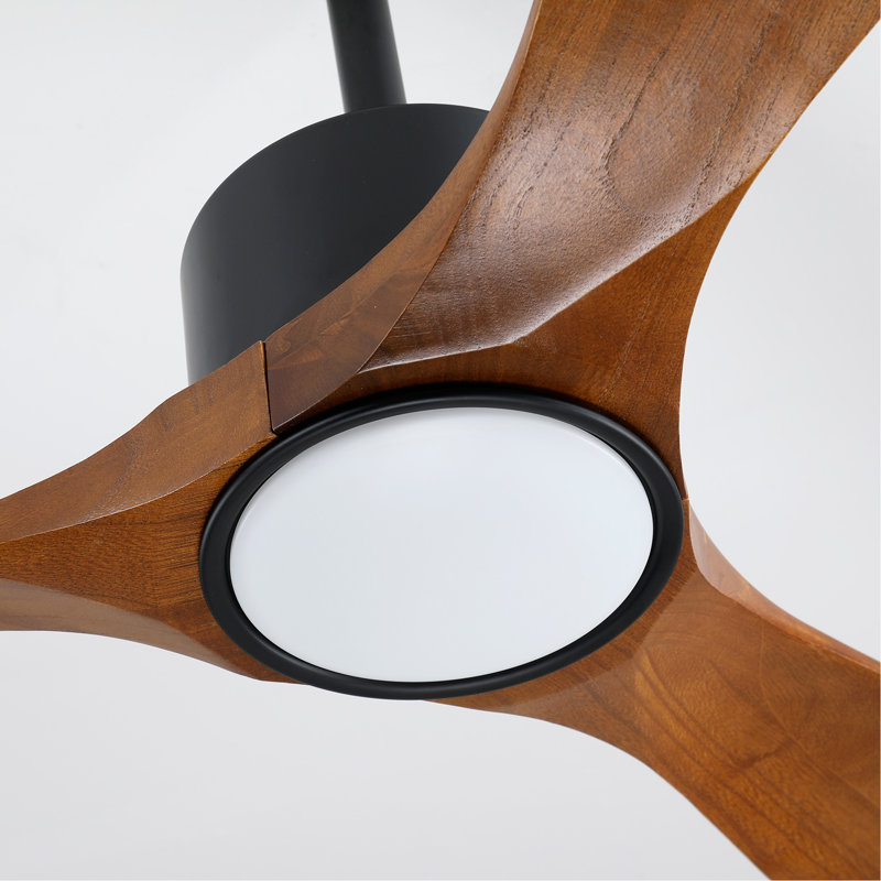 Ventilateur de plafond en bois massif à 3 tiges de 52 pouces avec kit d'éclairage à DEL à intensité variable, 6 vitesses DC, télécommande pour patio, salon, chambre à coucher, bureau, intérieur (noir mat + bois)
