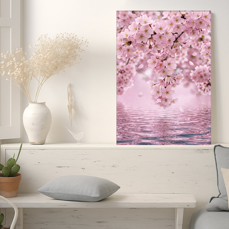 Art sur toile, branches de fleurs de cerisier roses sur l'eau ondulée, H 36 po x l 24 po