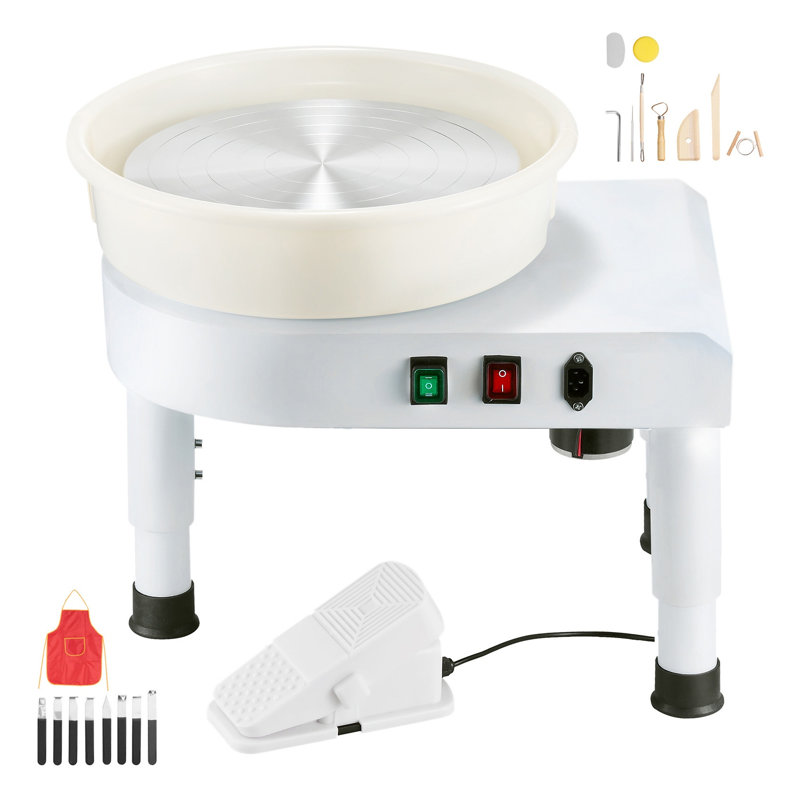 Tour de potier de 35,5 cm (14 pouces) avec commande au pied, vitesse réglable de 60 à 300 tr/min, bassin amovible et pied relevable, machine à modeler la céramique électrique pour atelier de bricolage à domicile, blanc