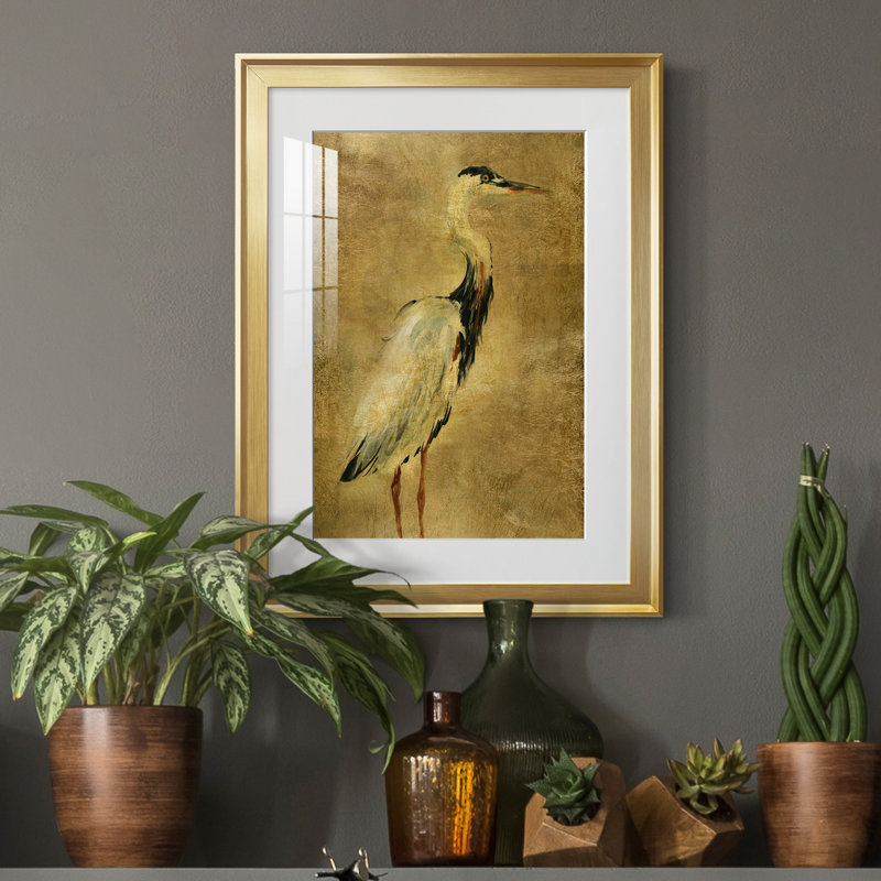 «Gold Crane at Dusk I», peinture sur toile encadrée, Or, H 18,5 po x l 24,5 po x P 1,5 po
