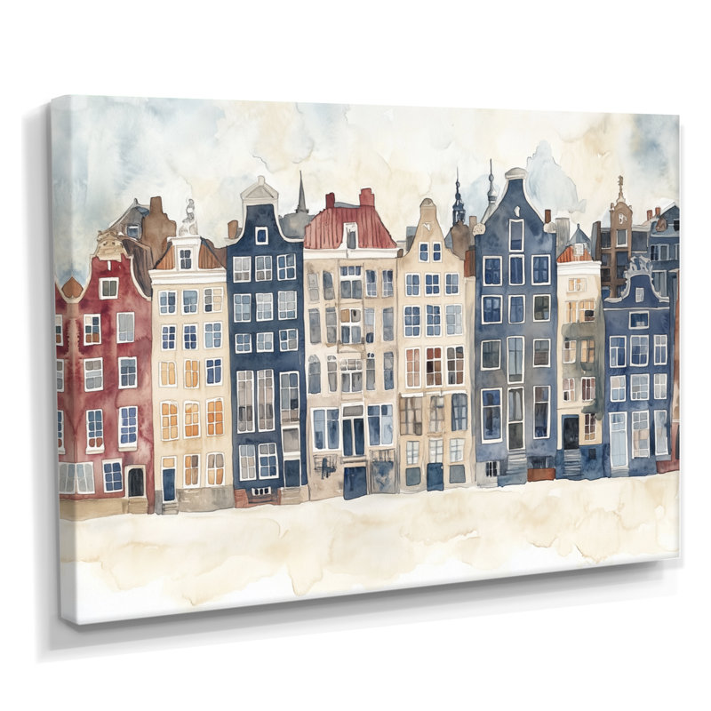 Maisons des canaux d'Amsterdam - Tableau encadré sur toile représentant un paysage urbain bleu marine, H 40 po x l 60 po