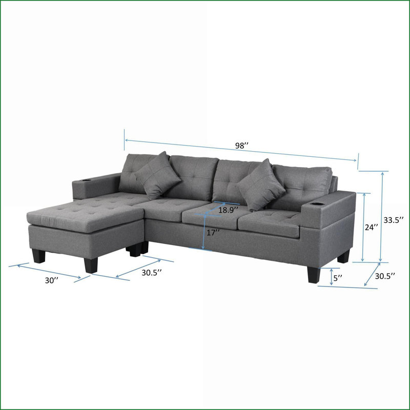 Canapé modulaire avec méridienne gauche / droite, porte-gobelets, tissu gris ardoise moderne à 4 places | Taille standard