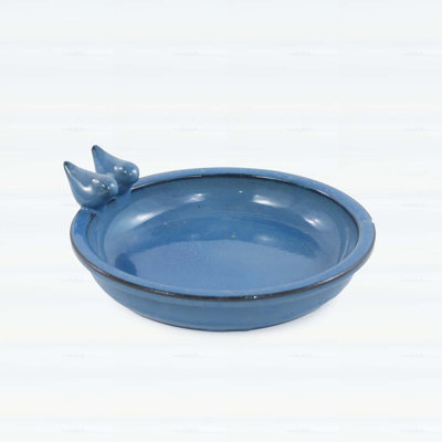 Bain d'oiseaux en céramique fait à la main, bleu clair 11,8 pouces avec lustre argenté, ornements d'oiseaux rétro, bain d'oiseaux de jardin extérieur et abreuvoir