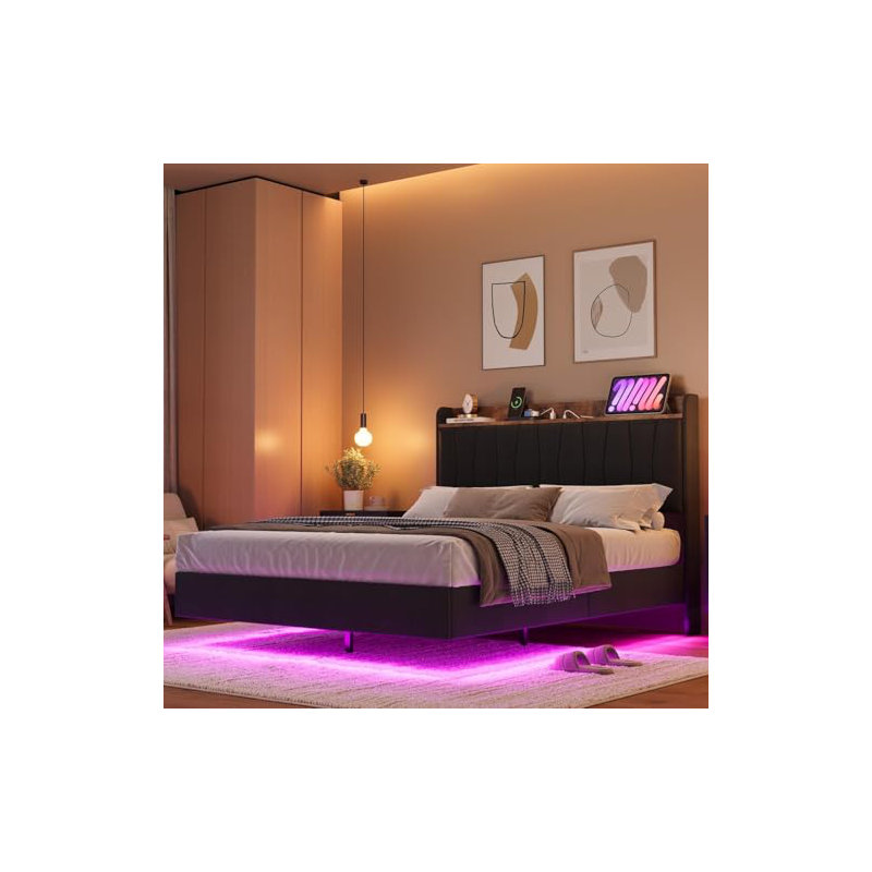 Base de lit flottante avec tête de lit avec rangement, lit plateforme tapissier avec éclairage ambiant à DEL et station de charge intégrée