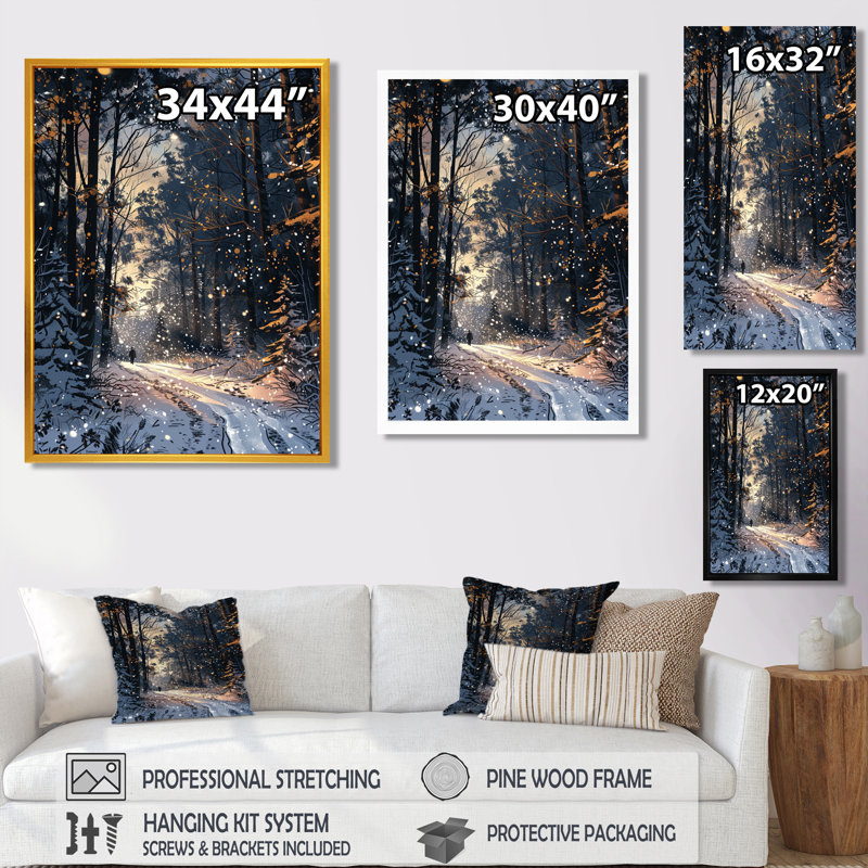 Chemin enneigé à travers la forêt d'hiver - forêt, art mural, H 20 po x l 12 po x P 1 po, Toile avec cadre flottant noir