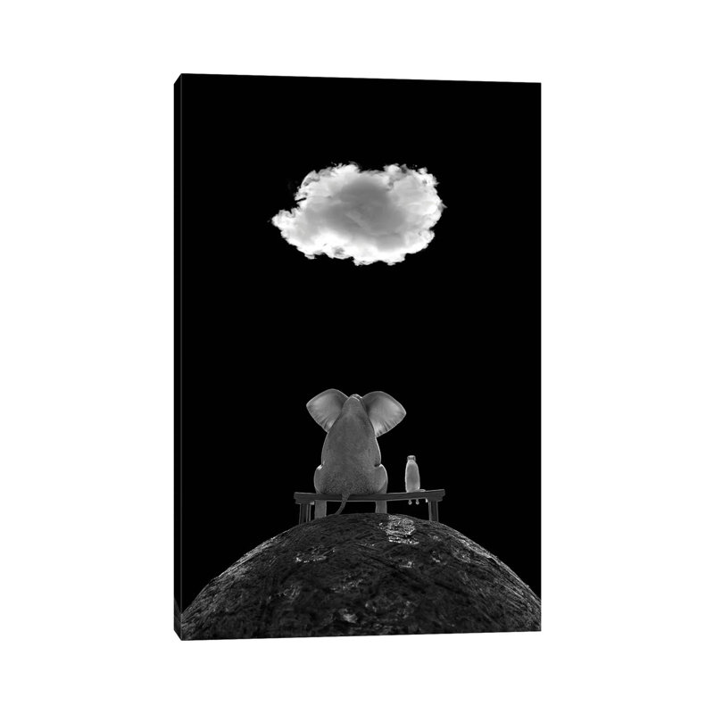 Elephant And Dog Sit On The Mountain And Look At The Cloud by Mike Kiev - Wrapped Canvas Print