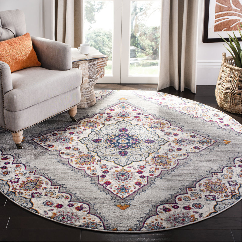 Tapis oriental gris / crème / fuchsia / saphir / or Christa, Rond 6 pi 7 po