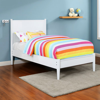 Mid-Century, lit simple, lit en bois blanc, pieds fuselés, ensemble de lattes, croissance, plateforme sans sommier nécessaire, esthétique Mid-Century, couleur,