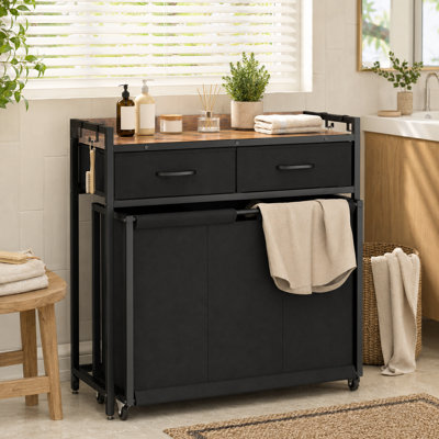 3-Section Rolling Laundry Hamper with 2 Drawers, Storage Shelf, 4 Hooks & Wheels, Laundry Sorter Cart for Laundry Room Organization