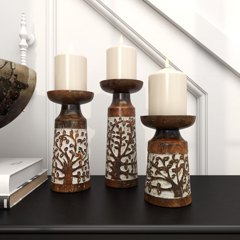 Mango Wood Handmade Minimalistic Bell Shaped Pillar Decorative  Candle Holder Set, Brown/White
