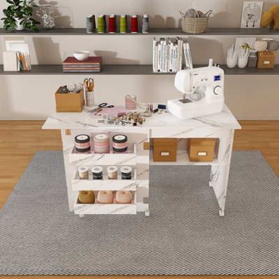 4-In-1 Folding Sewing Table With Lockable Wheels – Multi-Functional Craft Station, End Table, Computer Desk & Kitchen Storage With Shelves, White Rolling Sewing Machine Table For Apartments
