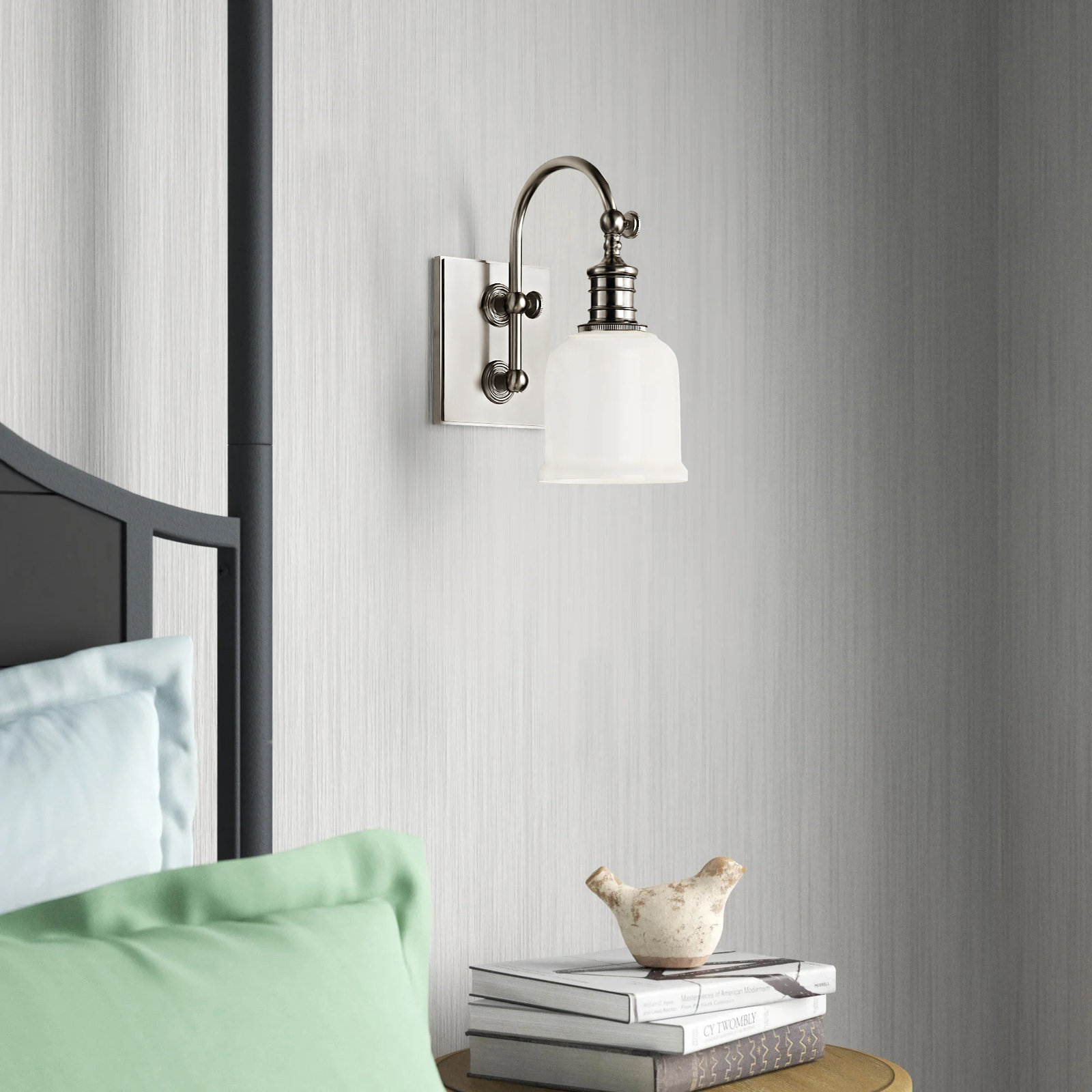 Single Light Glass Dimmable Armed Sconce, Satin Nickel