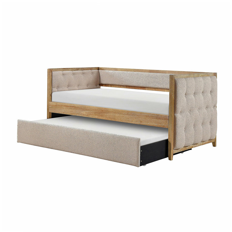 Lit de jour moderne 1pc avec lit gigogne escamotable beige Boucle touffeté chambre à coucher Mobilier de style transitionnel finition naturelle