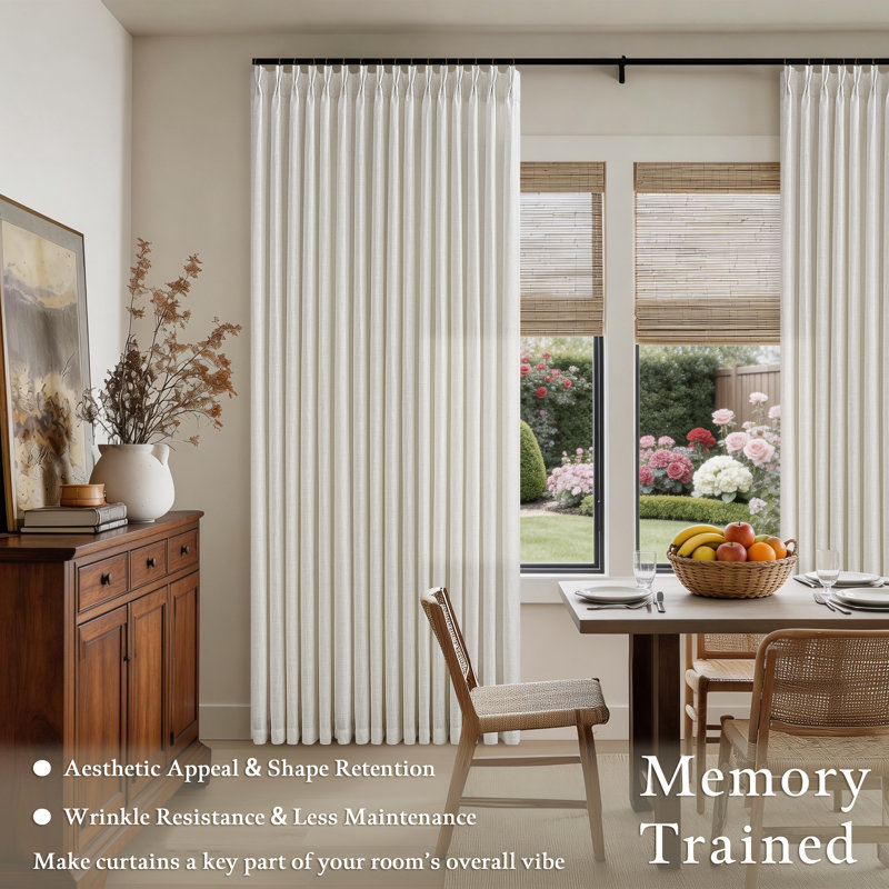 Thick Linen Fabric Memory Trained Pinch Pleated Solid Farmhouse Semi Sheer Curtain 2 Panels, Natural, 50" W x 84" L