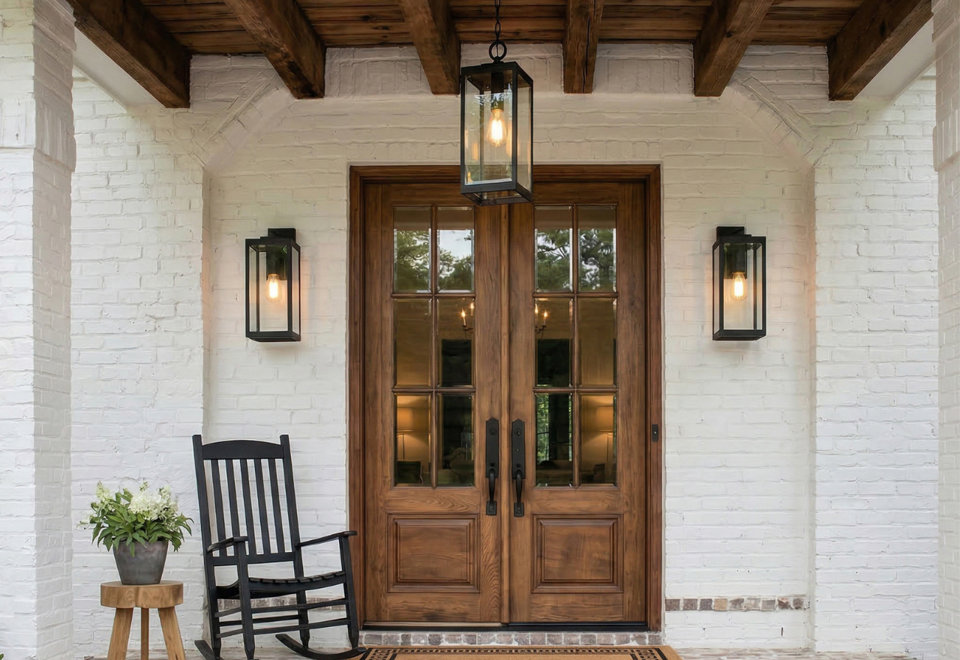 Front porch with double wooden glass doors, white brick walls, a black rocking chair, and matching black outdoor lantern lighting.
