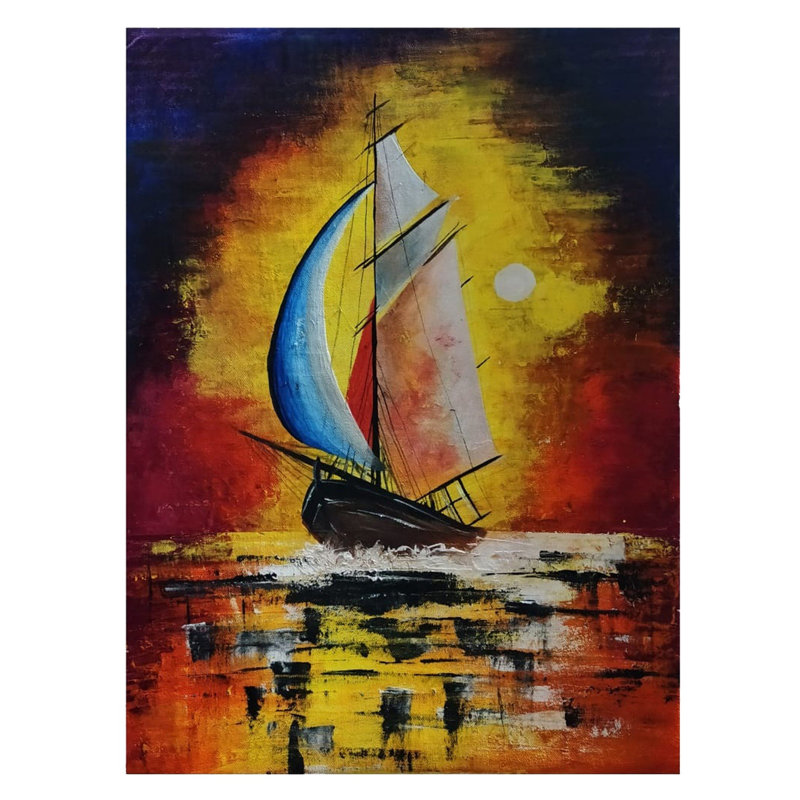 Floating Sailing Boat in Sunset Acrylic On Canvas Painting by Suman Das – 23.4"x16.5" Vibrant Seascape, Textured Sunset Landscape, Nautical Wall Art