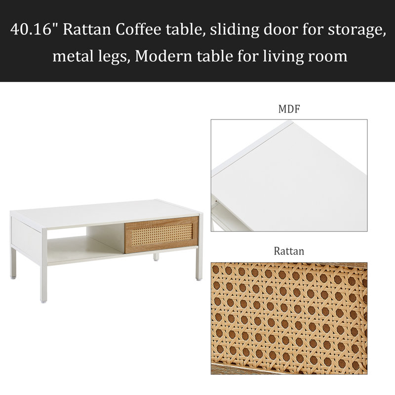 Table basse de 40,16 po en rotin, porte coulissante pour le rangement, pieds en métal, table moderne pour le salon, White