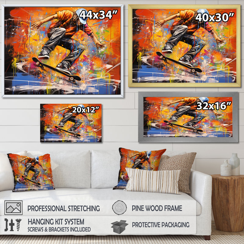 Skateboard Street, impression sur toile I, Cadre flottant doré, H 30 po x l 40 po x P 1,5 po