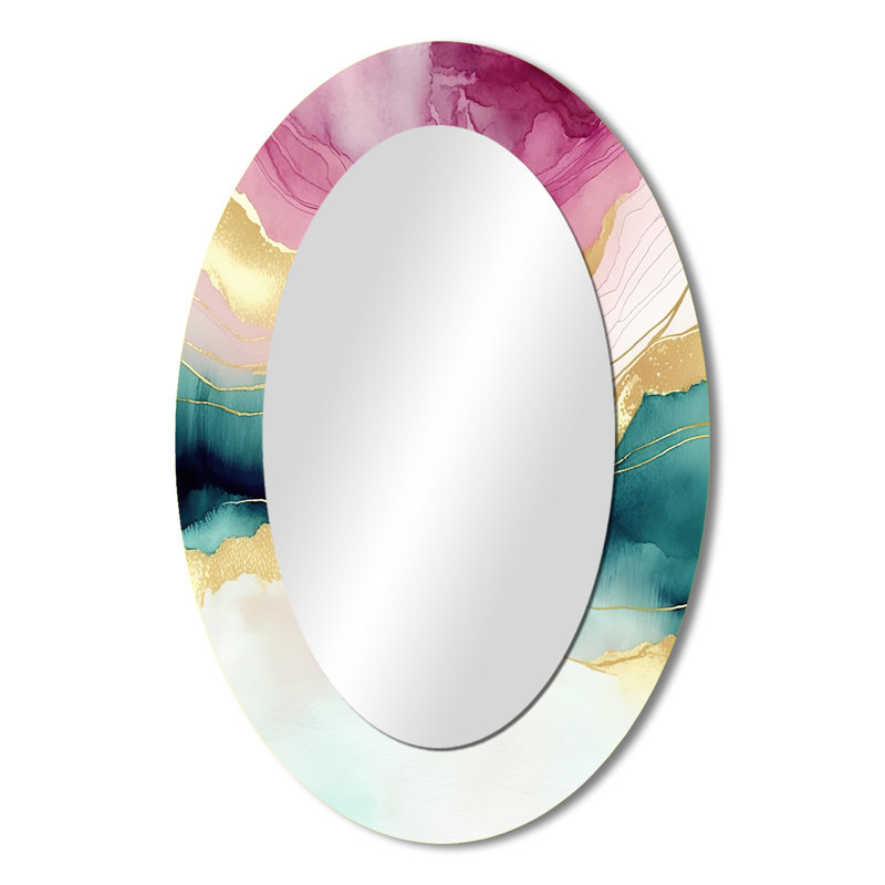Abstract Geode Marble Waves Pink III - Pink Modern Oval Wall Mirror, 36" x 24"