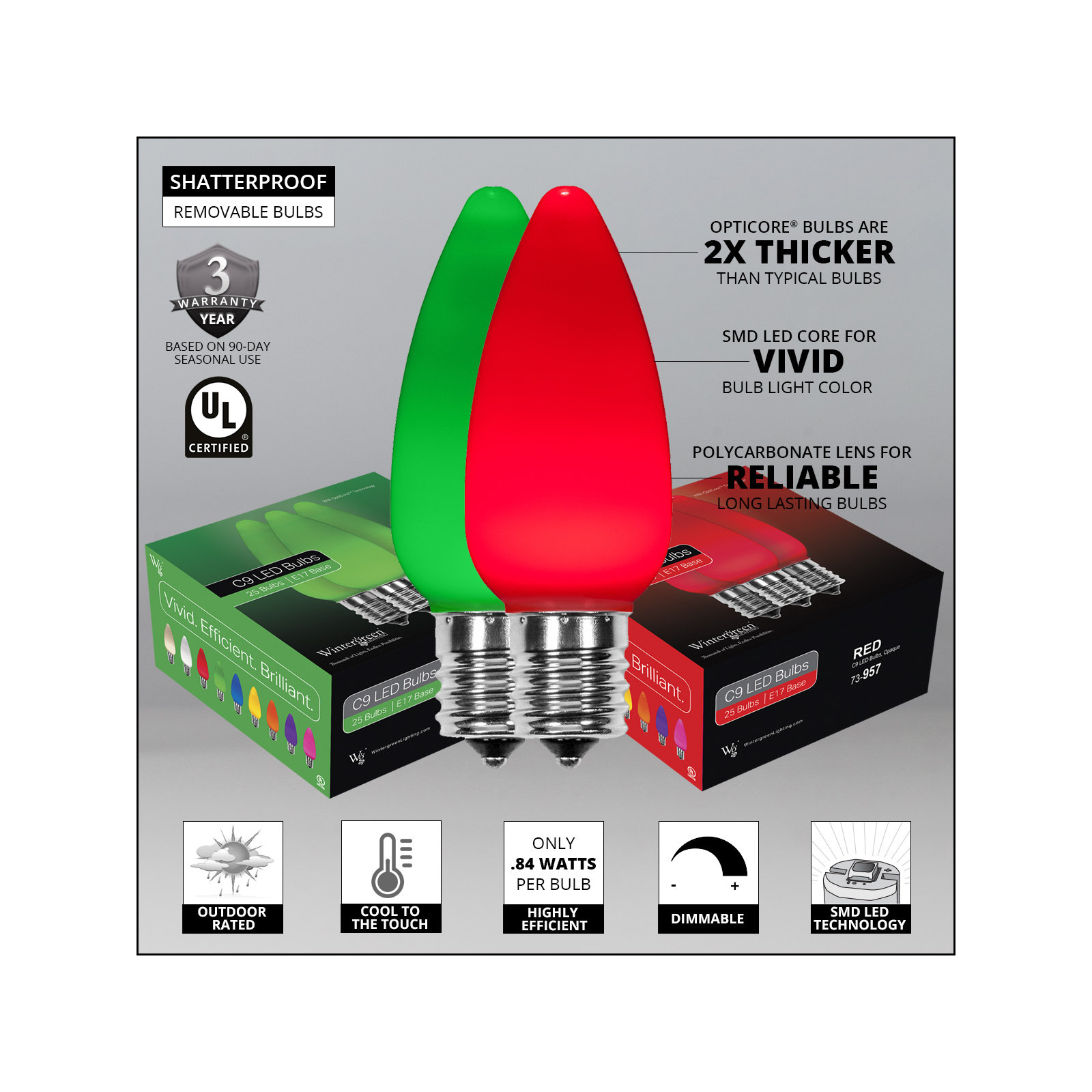 Shatterproof Smooth C9 OptiCore LED Christmas String Lights, 50, Red/Green