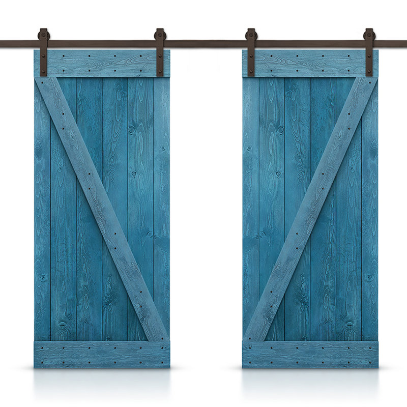 Porte de grange en bois massif lambrissé et métal, 52 po x 84 po, Bleu océan