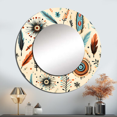 Motif bohème beige rétro nomade Ii - miroir décoratif boho, grand miroir mural rond Boho, impression d'art en métal
