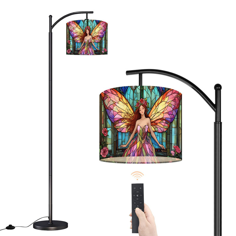 Arc Floor Lamp with Adjustable Lampshade Fairy Colorful Wings Roses Standing Lamp 3 Color Temperatures Dimmable Tall Pole Lamp with Foot Switch for Bedroom