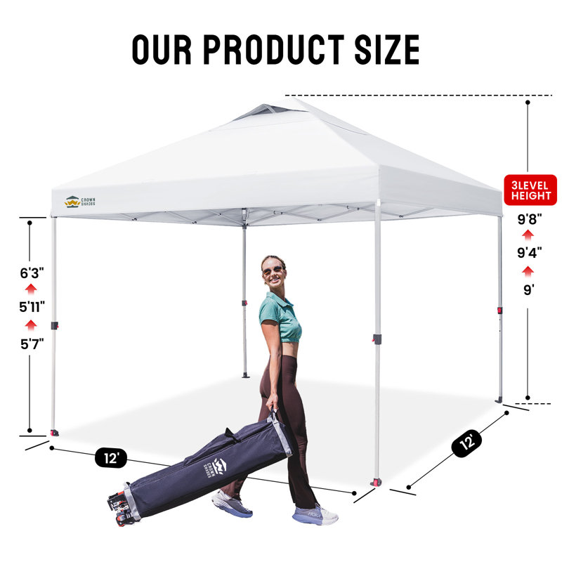 CROWN SHADES 12 Ft. W x 12 Ft. D Commercial Metal Pop-Up Canopy with One Push Setup, White, White