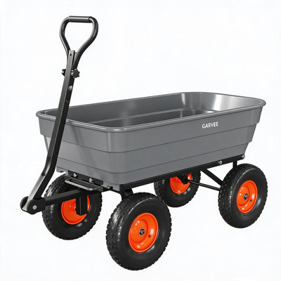 Chariot utilitaire de jardin robuste en polyéthylène avec benne basculante - Capacité de 544 kg (1200 lb), plateau en polyéthylène, benne basculante à ouverture rapide, pneus tout-terrain, poignée réglable à 180° - Seau gris + jantes orange