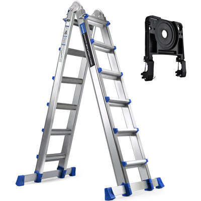 A Frame 6 Step Ladder Extension Ladder, 22 Ft Multi Position Ladder & Removable Tool Tray with Stabilizer Bar, 330 lbs Weight Rating Telescoping Ladder for Household or Outdoor Work