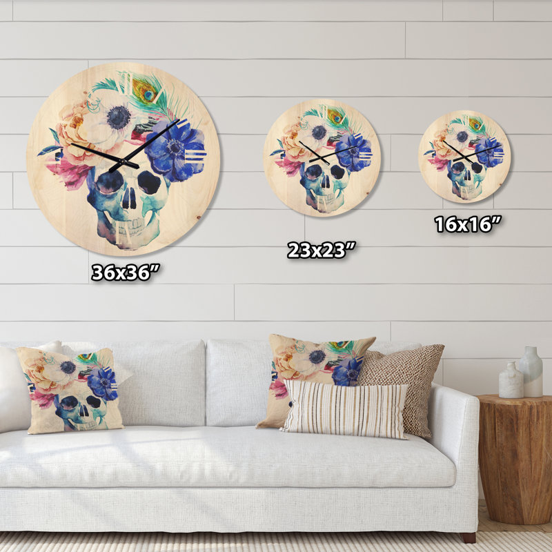 Anemones and Scull - Horloge murale en bois bohémien, Très grand