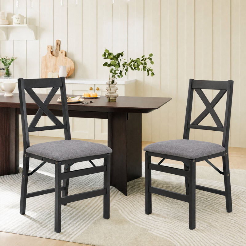 Padded Stackable Folding Dining Chairs with Solid Wood Frame, Dark Gray Frame / Dark Gray Seat