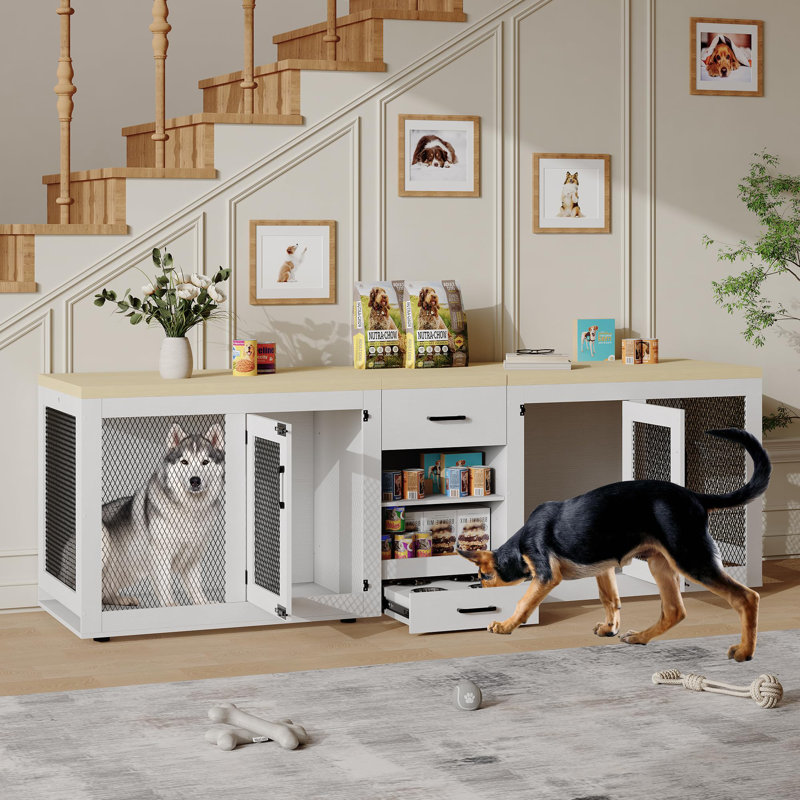 Meuble de 90 po pour grande cage pour chien, cage double pour chien avec poste d'alimentation et rangement, meuble robuste pour chenil pour 2 chiens