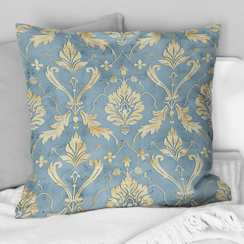 «Blue Gold Damask Glamour Print I» - Coussin Farmhouse, H 18 po x l 18 po, Carrée