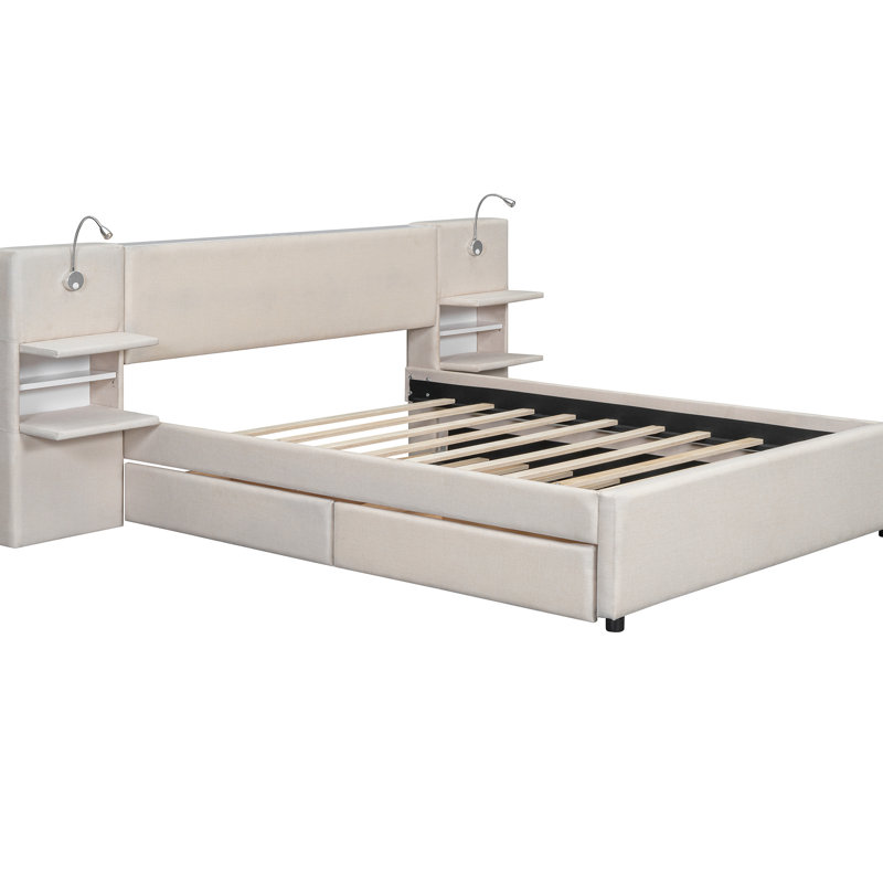 Lit tapissier grand avec lumières de lecture, tiroirs de rangement latéraux et à plateforme, revêtement en lin, Beige
