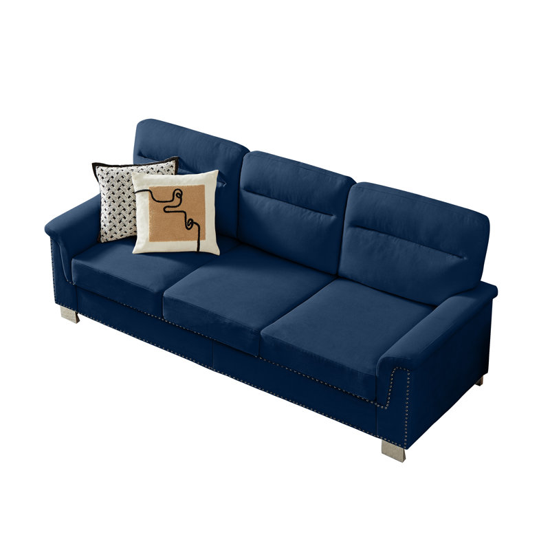 Canapé 82 po avec accoudoirs roulés et garniture cloutée en tissu bleu neige moderne 82 po - Canapé de salon 3 places, Bleu